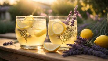 två glasögon av citronsaft och lavendel- blommor i de trädgård, gyllene timme, soluppgång. ai genererad foto