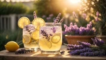 två glasögon av citronsaft och lavendel- blommor i de trädgård, gyllene timme, soluppgång. ai genererad foto