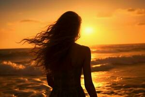 flicka på strand solnedgång se. generera ai foto