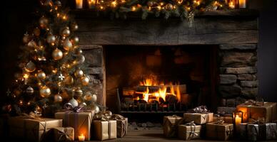 ny år gåvor förbi de öppen spis, festlig jul interiör av en hus med en jul träd - ai genererad bild foto