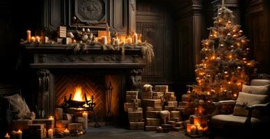 festlig jul interiör av en hus med en jul träd och ny år gåvor förbi de öppen spis - ai genererad bild foto