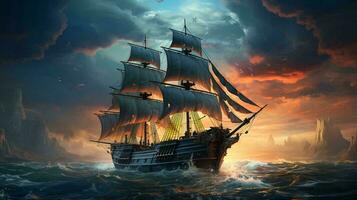 ett gammal segling fartyg med hög master den där användningar en segla och de kraft av de vind för rörelse flyter på de hav med vågor foto