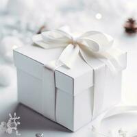 vit gåva låda med band på jul tema vit bakgrund. ai generativ foto