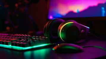gamer enheter för spelar spel förbi joystick med dator hörlurar och mus på neon glöd, gaming ai genererad foto
