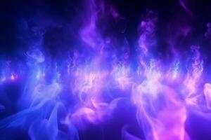 dynamisk samspel av lila och blå strålkastare i en rökig avgrund. ai genererad foto