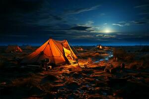 nattetid hamn tält tillhandahåller skydd som mörker filtar de sovande värld ai genererad foto