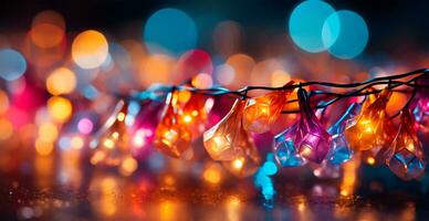 festlig ljus färgad jul krans på suddig bokeh bakgrund, ny år baner - ai genererad bild foto
