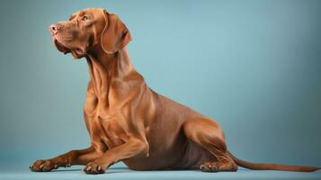 skön ungerska vizsla hund full kropp studio porträtt blå bakgrund ai genererad foto