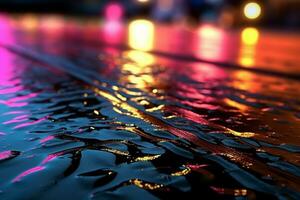abstrakt spela av ljus på våt asfalt med neon reflektioner. ai genererad foto