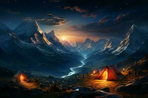 nattlig berg läger tält inbäddat i toppar, upplyst förbi himmelsk gobeläng ai genererad foto