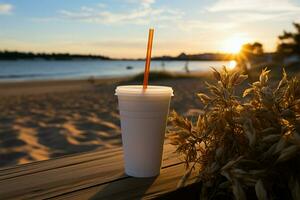 sandig koffein ha sönder vit kopp med svart sugrör på strand under soluppgång eller solnedgång ai genererad foto