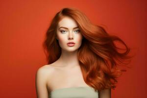 ung kvinna med friska röd hårstrån. generera ai foto