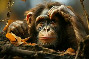 schimpanser sorgsen tolerera tips på dess underliggande känslor av sorg och förstämning ai genererad foto