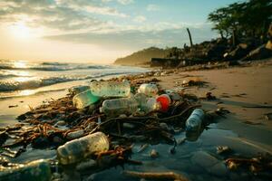 plast lämningar sprida ut strand, understrykning miljö- skada orsakade förbi strand förorening ai genererad foto