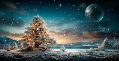 ny år Semester begrepp. stor jul träd dekorerad med bollar och krans - ai genererad bild foto