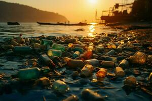 sandig vidd fördärvad förbi kasseras flaskor och skräp, visa upp strand föroreningar skada ai genererad foto