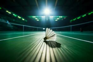 dynamisk badminton, fjäderboll redo ovan en vibrerande grön Gym golv ai genererad foto