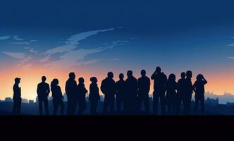 grupp av människor silhuett i de solnedgång foto