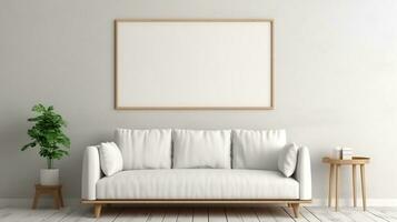 mysigt modern levande rum. främre se av vit soffa i de hus. generativ ai foto