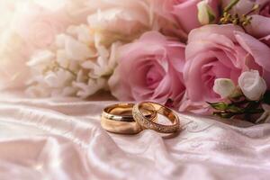 drömmande bröllop scen terar guld ringar, Eustoma rosor, och ljus rosa fjädrar. ai genererad foto