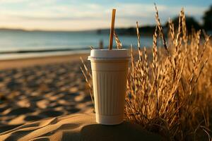 strandnära förfriskning stänga upp vit kaffe kopp, svart sugrör på sandig Strand på soluppgång ai genererad foto