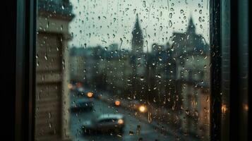regndroppar över de fönster med byggnader av de stad i de bakgrund ai genererad foto