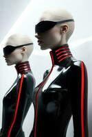 trogen kvinna modeller i cybernetiska minimalistisk garderob bakgrund med tömma Plats för text foto