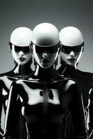 cybernetiska mode modeller i elegant svartvit klädespersedlar bakgrund med tömma Plats för text foto