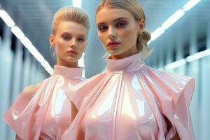trogen fashionistas i holografiska couture på starkt minimalistisk interiörer bakgrund med tömma Plats för text foto