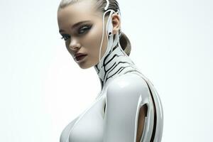 cybernetiska mode modell i elegant svartvit utrusta isolerat på en trogen lutning bakgrund foto
