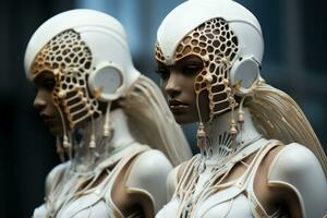 artificiell intelligens modeller bär biomorphic klädsel skapande ett estetiskt behaglig trogen syn foto