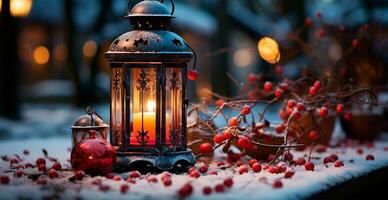 jul lampa med brinnande ljus stående på färsk snö, suddig bokeh bakgrund - ai genererad bild foto