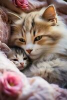 en hjärtvärmande ögonblick fångad som en mor katt försiktigt cuddles henne förtjusande nyfödd kattungar i de bekvämlighet av deras Hem foto