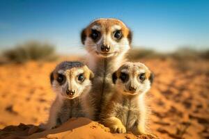 en närbild av en meerkat familj lekfullt grävning i de öken- sand med en rymlig bakgrund för text foto