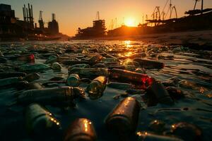 kust fördärvad förbi kasseras plast och skräp, symboliserande hemskt strand förorening konsekvenser ai genererad foto