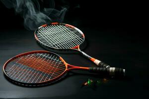 badminton begrepp, racket, fjäderbollar, vinnare anda på svart bakgrund ai genererad foto