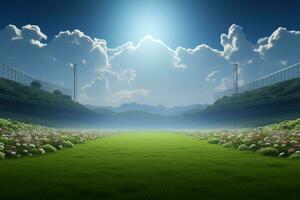 väsen avtäckt, grön fält under öppen himmel fångar soccers hjärta ai genererad foto