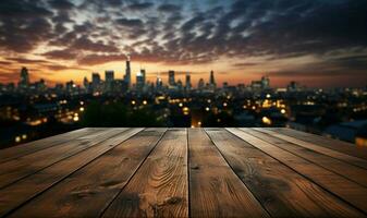 urban skymning trä- tabell under suddig natt himmel med avlägsen stadsbild ai genererad foto