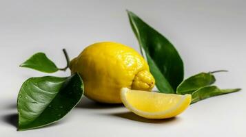 citron- med lämna.mogen citron- frukt med citron- blad på vit bakgrund ai genererad foto