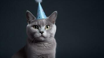 festklar katt, födelsedag hatt och blå bakgrund ai genererad foto