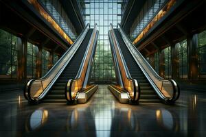 arkitektonisk funktion detaljerad skott ställer ut rulltrappa i modern byggnad eller tunnelbana station ai genererad foto