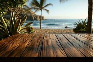 suddig kust duk trä golv däck redo för visning Produkter mot strand landskap ai genererad foto