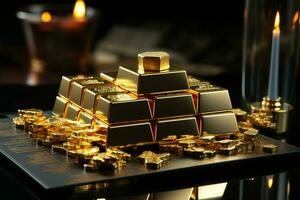 dyrbar tillgångar guld bar atop stock Graf, skildrar investeringar synergi och värde ai genererad foto