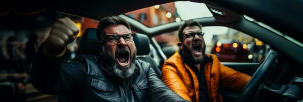 två drivrutiner Sammanträde i deras bilar skrikande och gestikulerar argt mot en bakgrund av upptagen stad gator bakgrund med tömma Plats för text foto