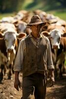 frustrerad jordbrukare drar på envis kor koppel som Övrig boskap kamrater på omedveten till hans förbittring foto