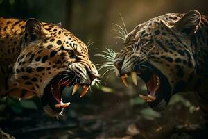 en spänd djungel stöta på mellan en morrande tiger och en morr leopard bakgrund med tömma Plats för text foto