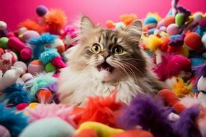 en närbild av en rasande katt omgiven förbi spridd leksaker mot en vibrerande lutning bakgrund foto