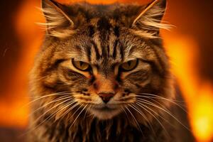 en närbild av en rasande tabby katt bländande intensivt mot en eldig lutning bakgrund foto