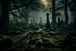 en efterhängsen kyrkogård scen framträder från de dimma som gravstenar stå vakt mitt i de kusligt dysterhet foto