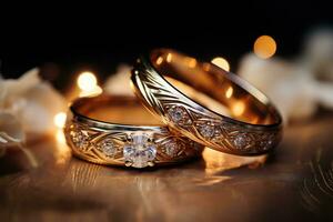 närbild av nygifta händer utbyte guld bröllop band mitt i mjuk romantisk belysning foto